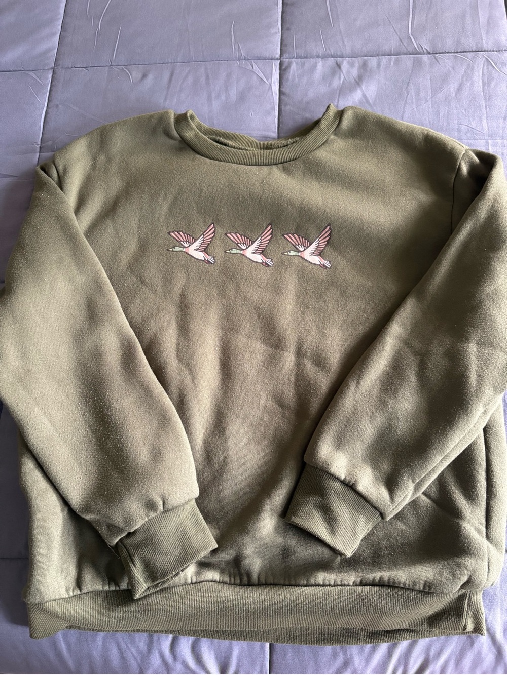 Olive Green Women's Crewneck Sweatshirt with Duck Print